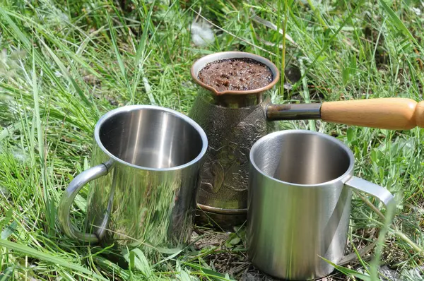 Ormandaki çimlerin üzerinde moka demliği ve bir fincan kahve