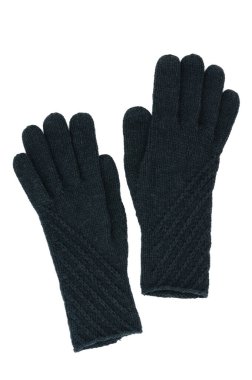 Beyaz arka planda siyah yün eldivenler. Kadın aksesuar. Üst görünüm.