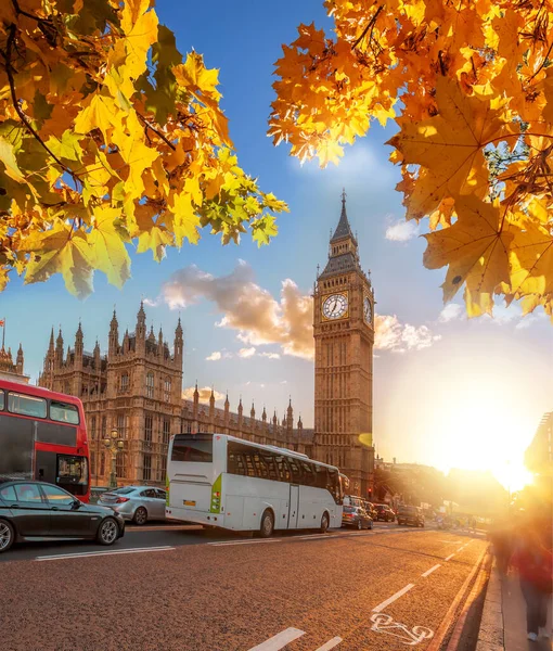 Büyük Ben Londra Ngiltere Sonbahar Yapraklarıyla Renkli Günbatımına Karşı — Stok fotoğraf