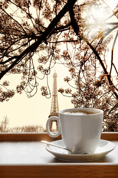 Delicious Hot Coffee Served Wooden Tray Eiffel Tower Paris France — Stock Photo, Image
