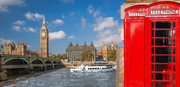 Londra Simboli Con Big Ben Rosso Telefono Cabine Inghilterra Regno — Foto Stock