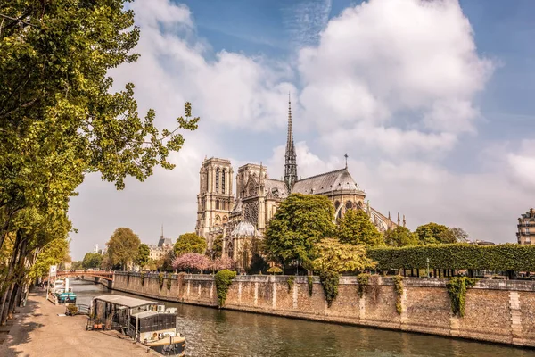 Catedral Notre Dame Com Barcos Sena Durante Primavera Paris França — Fotografia de Stock