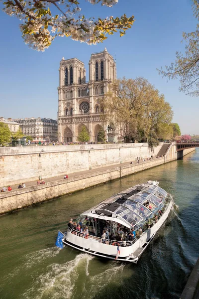 Paris Notre Dame Katedrali Fransa Seine Teknesi Olan — Stok fotoğraf