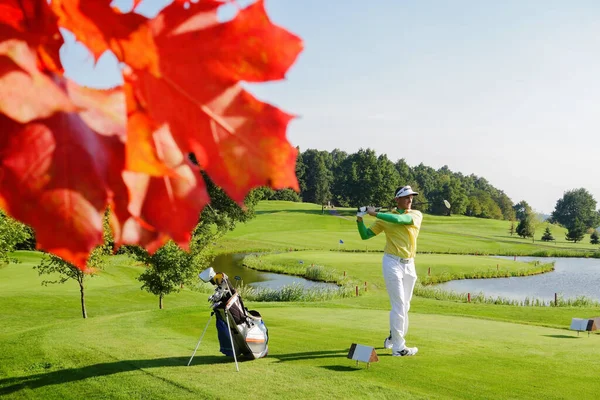 Homme Jouant Golf Pendant Automne Coloré — Photo