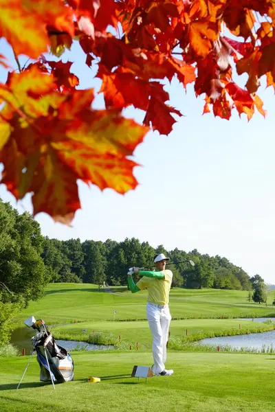 Człowiek Gra Golfa Podczas Kolorowych Jesieni Obraz Stockowy