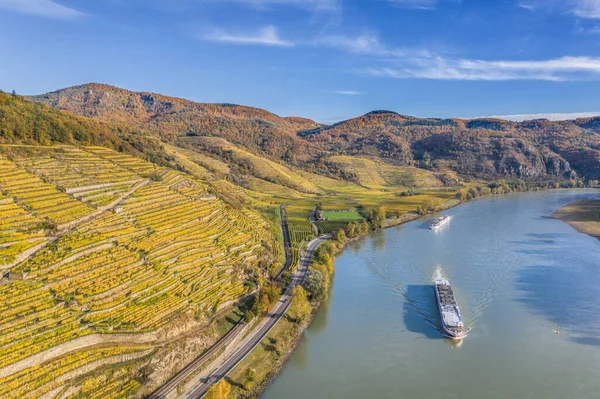 Panorama Wachau Údolí Unesco Světového Dědictví Loděmi Dunaji Blízkosti Vesnice — Stock fotografie