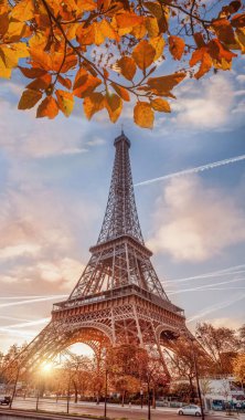 Paris, Fransa 'da sonbahar yapraklı Eyfel Kulesi