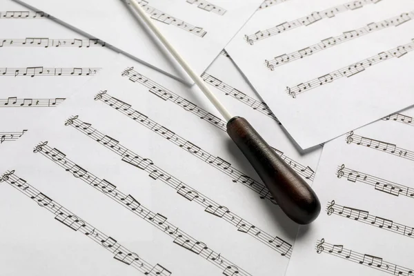 Conductor\'s baton on sheet music, closeup view
