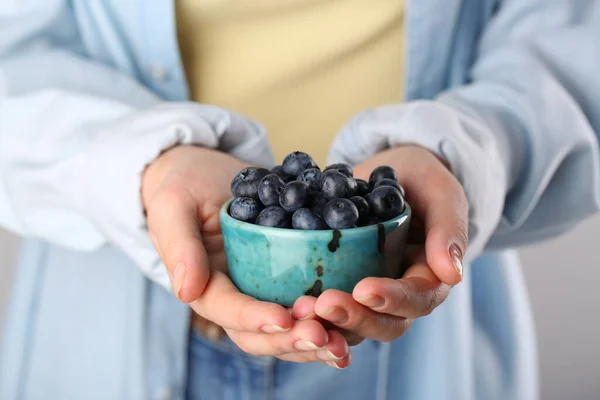Woman Holding Tasty Fresh Blueberries Closeup View — Photo