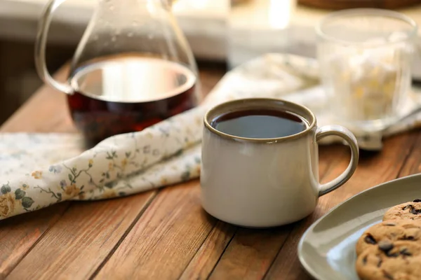 Mug Delicious Tea Wooden Table Space Text — Stock Photo, Image