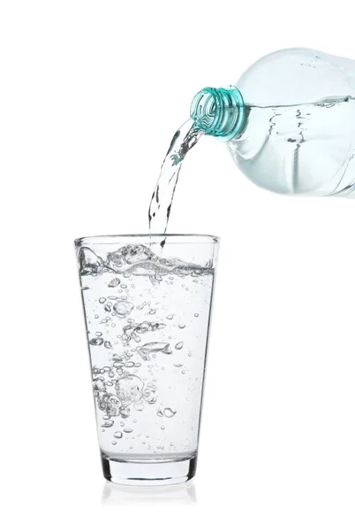 Pouring Soda Water Bottle Glass White Background — 스톡 사진