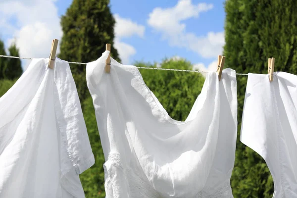 Clean Clothes Hanging Washing Line Outdoors Closeup Drying Laundry — Stock Photo, Image
