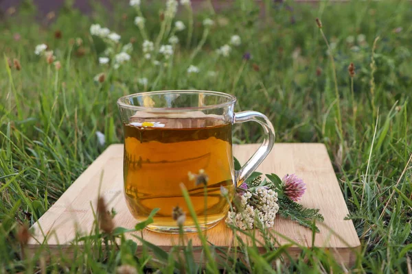Cup Aromatic Herbal Tea Different Wildflowers Wooden Board Meadow — Stock Photo, Image