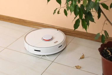 Robot elektrik süpürgesi ve ev bitkisinin yanında düşmüş sarı yapraklar.