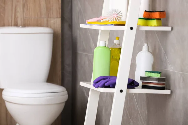Diferentes Suprimentos Limpeza Vaso Sanitário Unidade Prateleira Dentro Casa — Fotografia de Stock