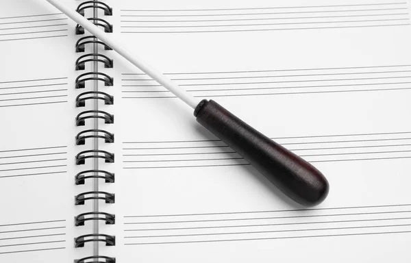 Conductor\'s baton on sheet music book , above view