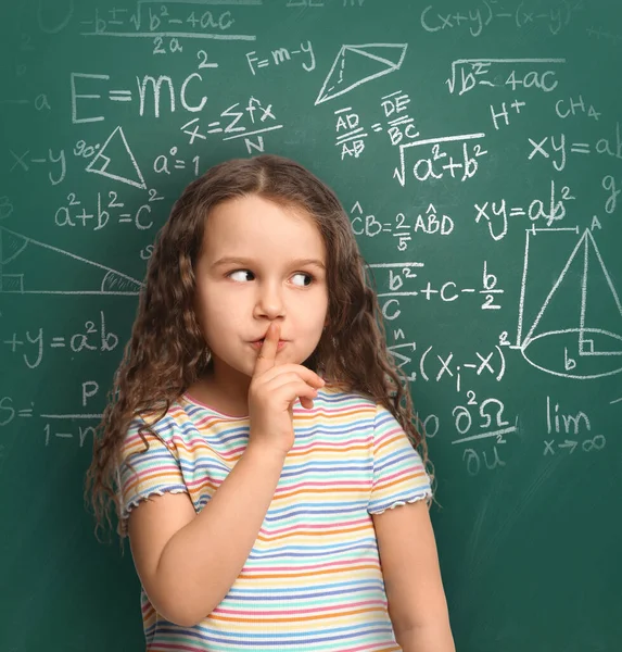 Cute Little Girl Green Chalkboard Different Formulas — Stock Photo, Image