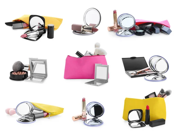 Set Mit Stilvollen Taschenspiegeln Und Kosmetiktaschen Mit Make Produkten Auf — Stockfoto