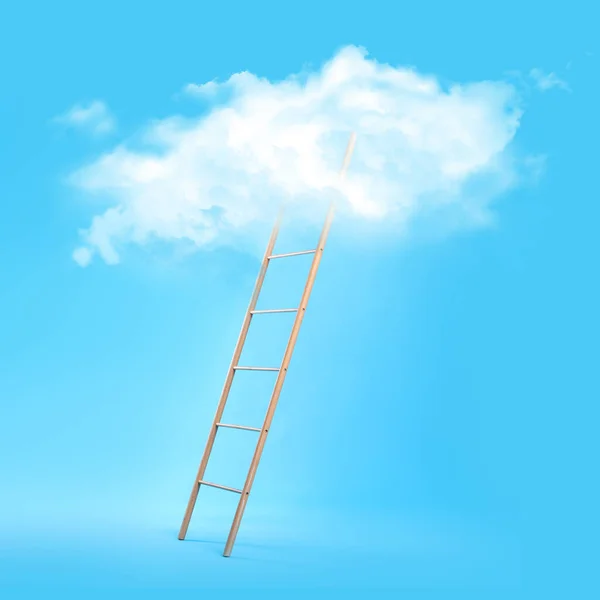 木质梯子通向浅蓝色背景的白云 增长和发展的概念 — 图库照片