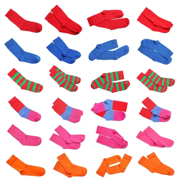 Set Pairs Different Socks White Background Top View — Stock Photo, Image