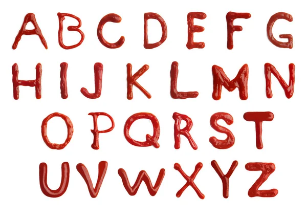 Alfabet Wykonany Ketchupu Białym Tle — Zdjęcie stockowe