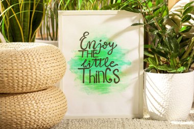 Frame with words Enjoy The Little Things near houseplants on carpet