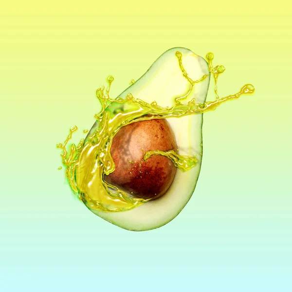 Verse Rijpe Avocado Met Spetterende Olie Kleur Achtergrond — Stockfoto