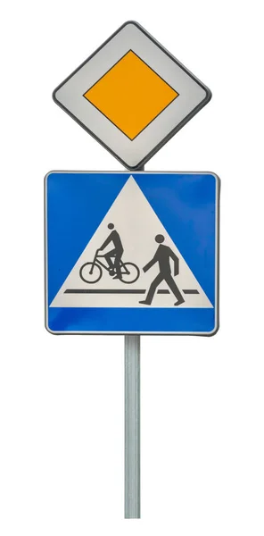 Post Пріоритетними Дорогами Пішохідними Знаками Ізольовані Білому — стокове фото