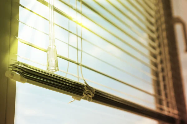 stock image Stylish window with horizontal blinds indoors, closeup