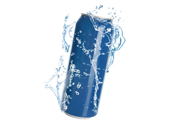 stock image Blue aluminum can with splash of water on white background