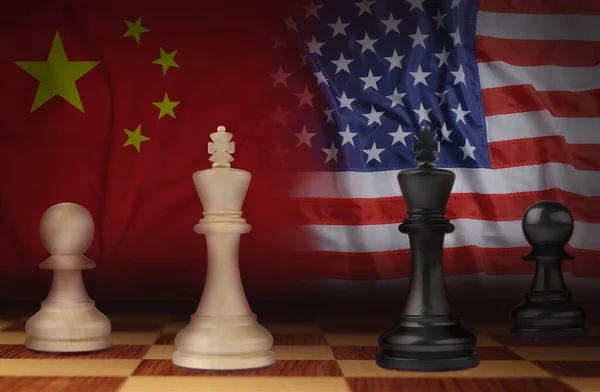 Sakk Darabok Fedélzeten Kínai Amerikai Zászlók Háttérben Kereskedelmi Háború — Stock Fotó
