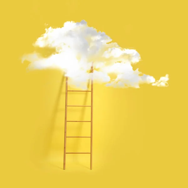 Escada Madeira Que Conduz Nuvem Branca Fundo Amarelo Conceito Crescimento — Fotografia de Stock