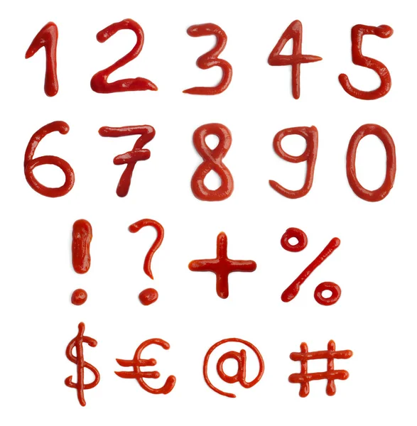 Números Símbolos Diferentes Feitos Ketchup Fundo Branco — Fotografia de Stock