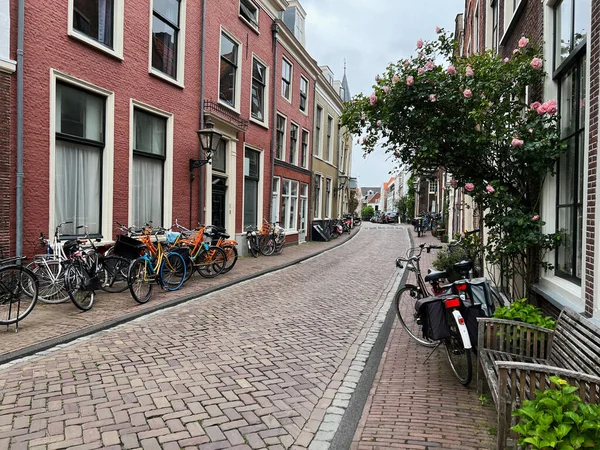 Вид Городскую Улицу Велосипедами Розовой Розой — стоковое фото