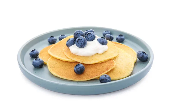 Pancake Lezat Dengan Yogurt Alami Dan Blueberry Dengan Latar Belakang — Stok Foto