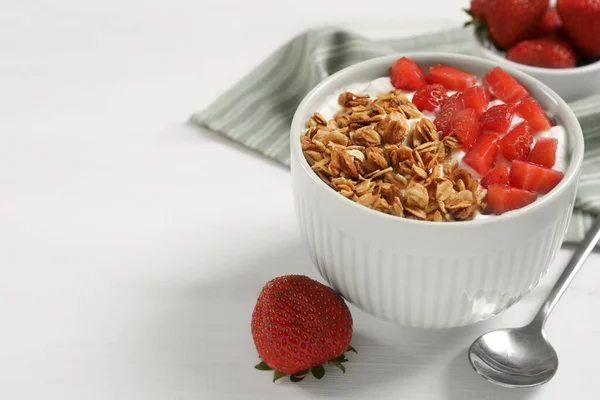 Yogurt Served Granola Strawberries White Wooden Table Space Text Stock Photo
