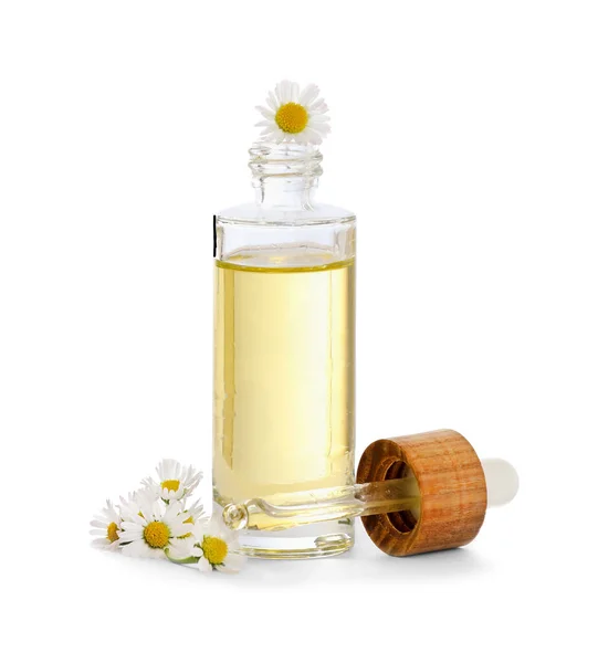 Bottle Chamomile Essential Oil Flowers White Background —  Fotos de Stock