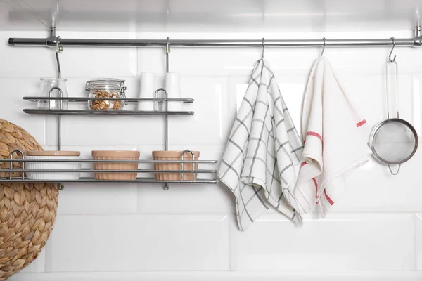 Different Kitchen Towels Hanging Hook Rod Shelves Ramekins Indoors — 图库照片