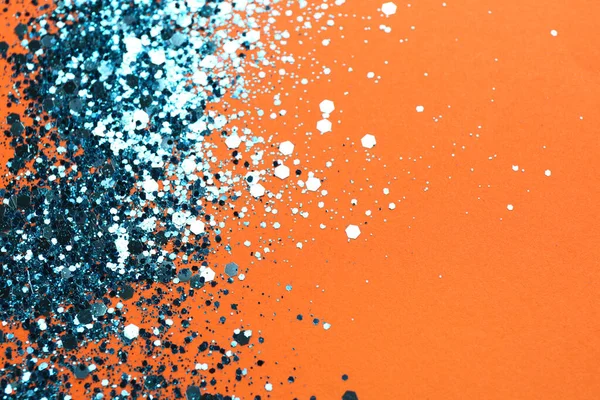 Glänzend Leuchtend Blaues Glitzern Auf Orangefarbenem Hintergrund Raum Für Text — Stockfoto