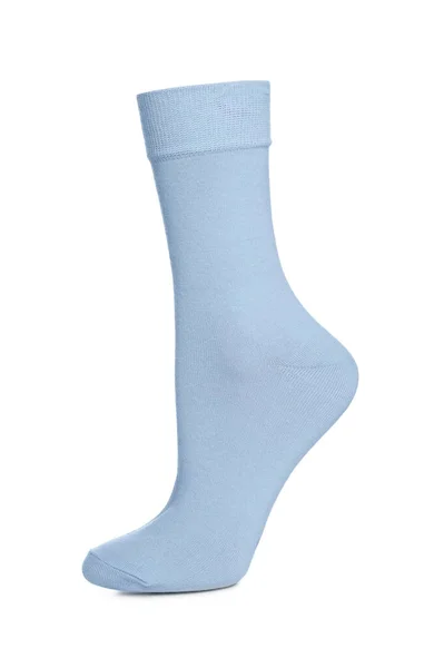 Jedna Světle Modrá Ponožka Bílém Pozadí — Stock fotografie