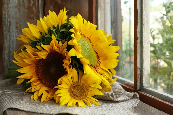 Beautiful Sunflowers Cloth Window Indoors — Stock Photo, Image