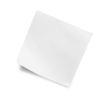 Blank sticky note on white background, top view
