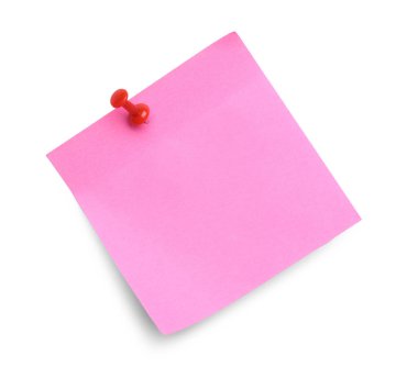 Blank pink note pinned on white background, top view