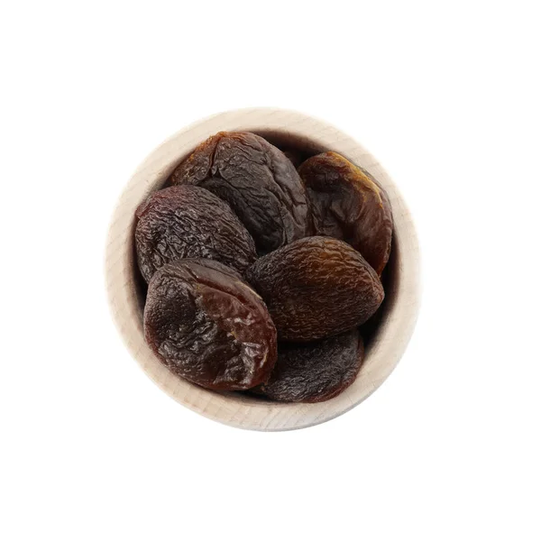 stock image Ceramic bowl with tasty dried apricots isolated on white, top view