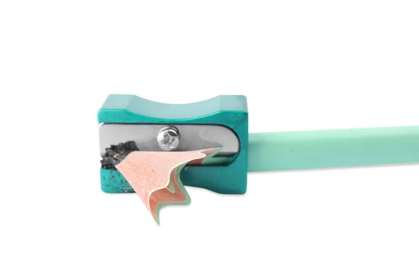 Turquoise Sharpener Shavings Pencil White Background — Stock Photo, Image