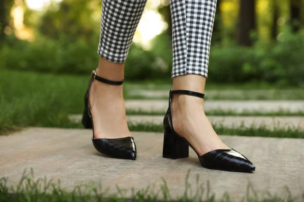 Woman Stylish Black Shoes Walking Park Closeup — Stock Photo, Image