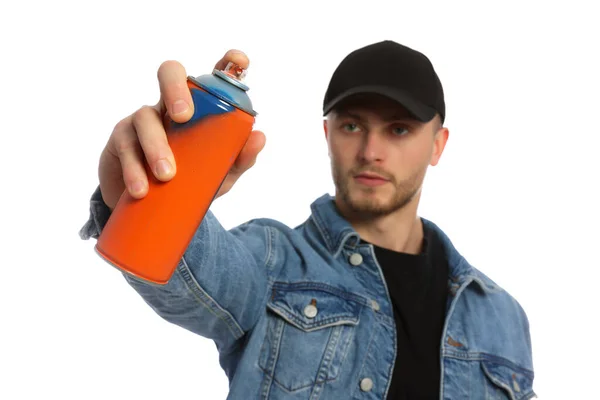 Stilig Man Som Håller Spray Färg Mot Vit Bakgrund — Stockfoto