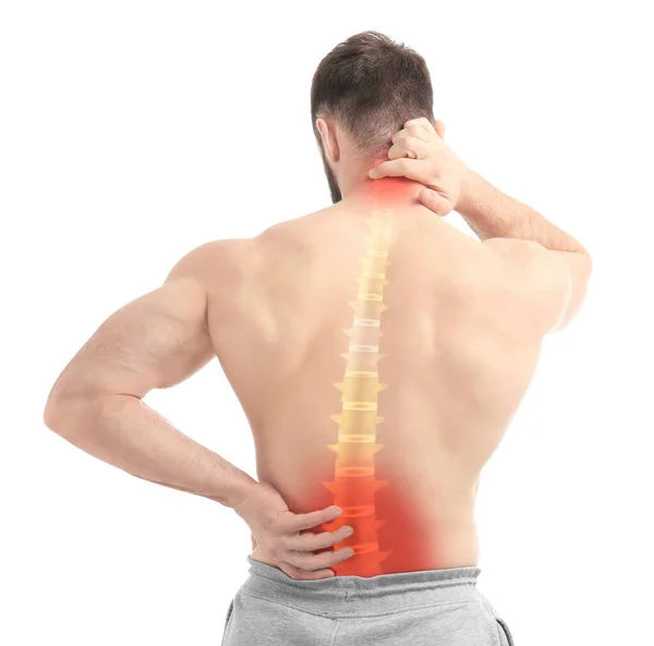 Hombre Que Sufre Dolor Espalda Cuello Sobre Fondo Blanco — Foto de Stock