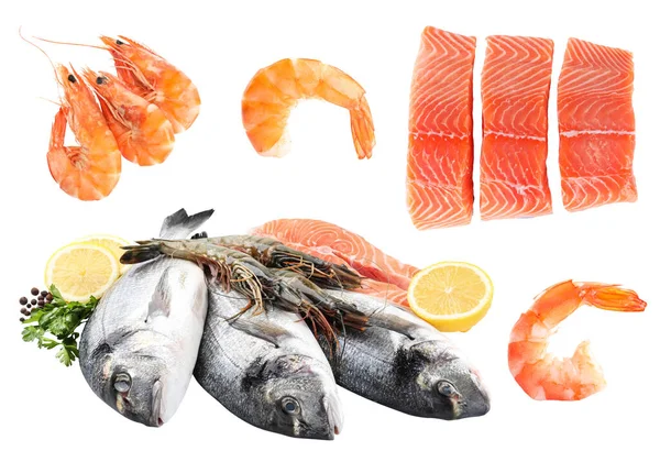 Set Met Verse Rauwe Dorado Vis Andere Smakelijke Zeevruchten Witte — Stockfoto