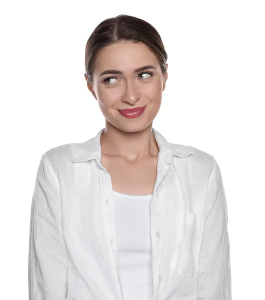 Mujer Joven Avergonzada Camisa Sobre Fondo Blanco — Foto de Stock